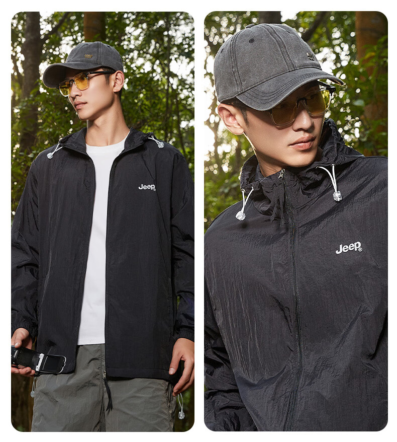 JEEP Sun Protection Jacket, Summer Breathable, for Men And Women Couples, Ice Silk Outdoor Sports Skin Coat, Pure Black, 3XL 20