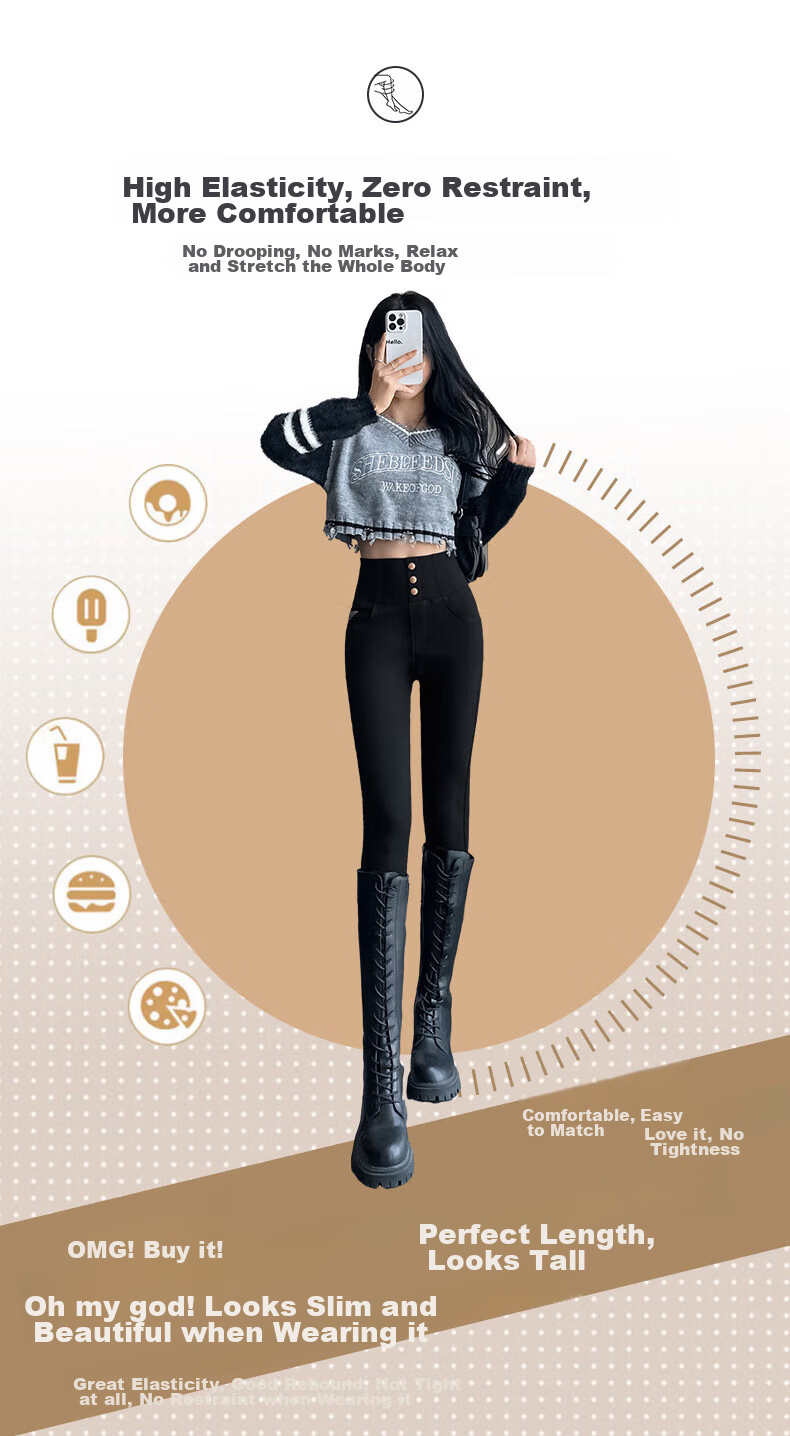 FitonTon High-Waisted Leggings for Women, Outer Wear Autumn Winter Style, Black Tight-Fitting Pencil Skinny Pants with Three Buttons, Small Black Trousers, Black, Size S 5