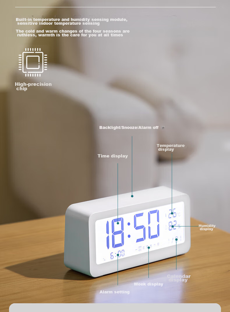 Deli Multifunctional Alarm Clock, Electronic Clock, Simple Student Style, Backlit Large Screen, Temperature And Humidity Meter, Time Management, New And Old Alternating Shipping, White 8826, Back-To Gift 6