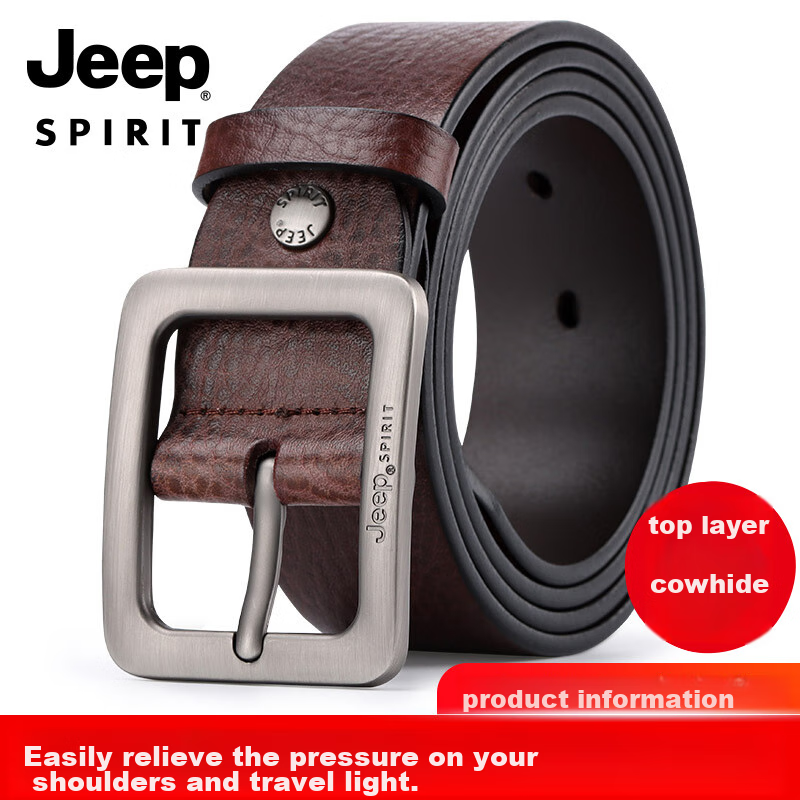 JEEP SPIRIT Men's Belt with Pin Buckle, Top-Grain Leather, Casual Business Trouser Belt, Birthday And Father's Day Gift for Young And Middle-Aged Me