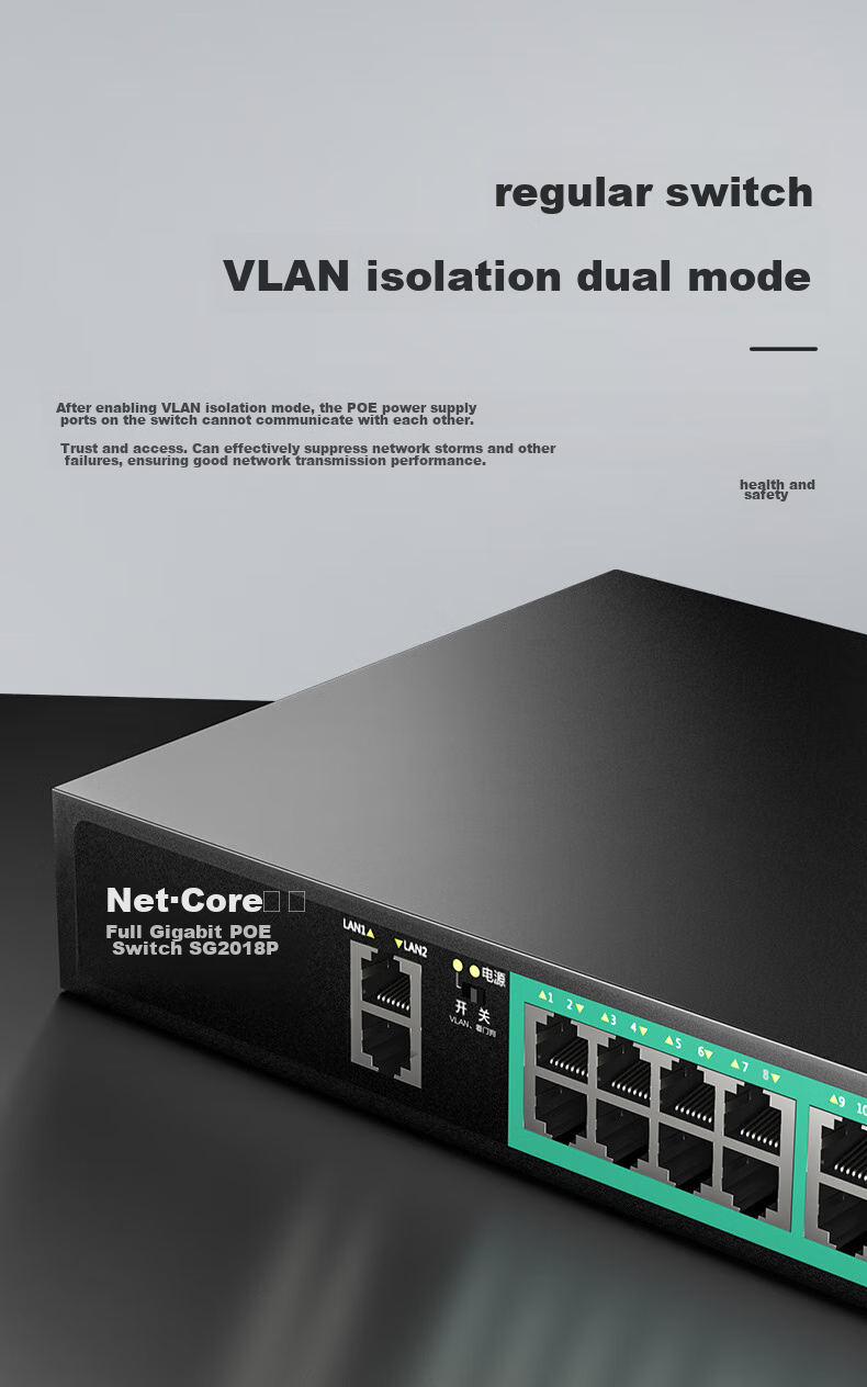 Netcore SG2018P, 18-Port Gigabit POE Switch, 16 Gigabit POE Ports + 2 Gigabit Cascading Ports, Surveillance Network Cable Splitter, Enterprise-Level Switch 4