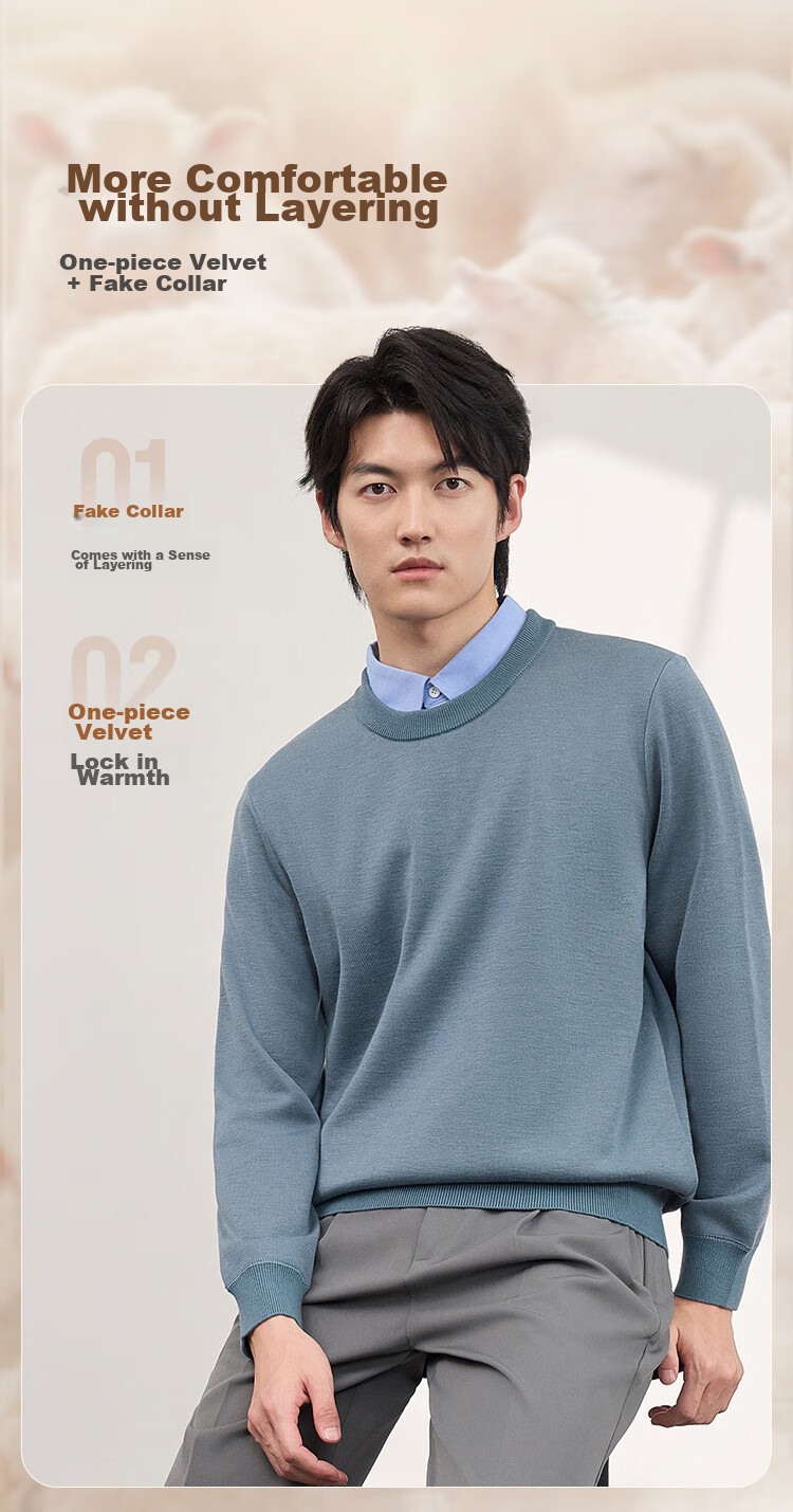 JD Original [Fake Two-Piece] Sweater Knit Pullover for Men, Winter Men's Wool Blend Base Layer, Blue, Size M 3