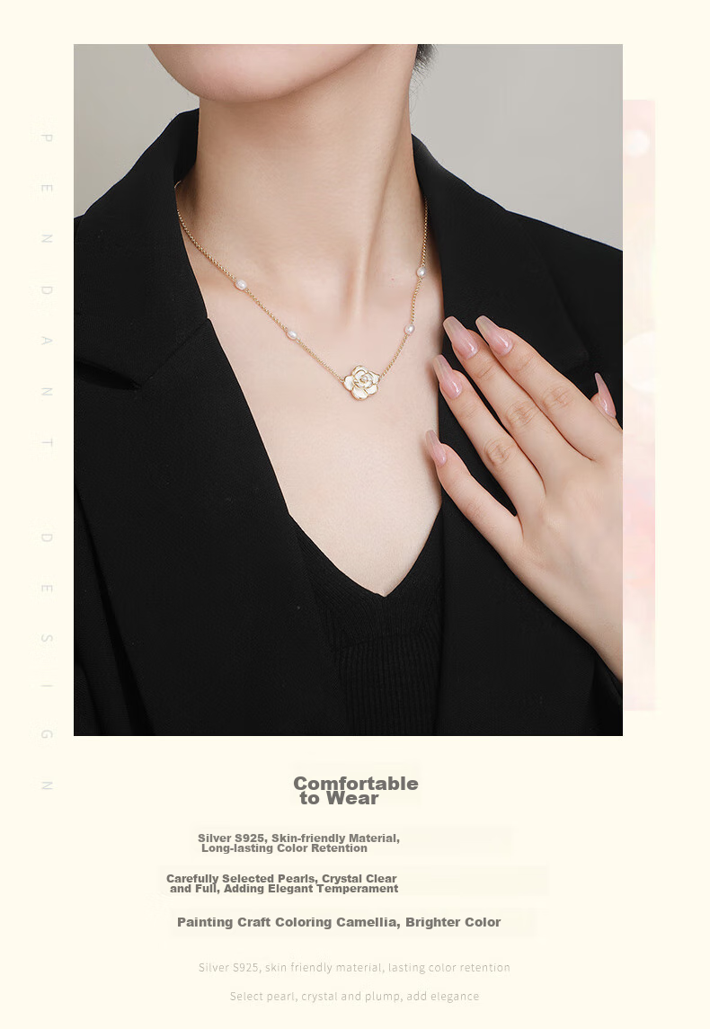 CHOW TAI SENG [Birthday Gift] Camellia Pearl Necklace Silver Elegant Collarbone Chain Light Luxury Niche Gift for Girlfriend 6