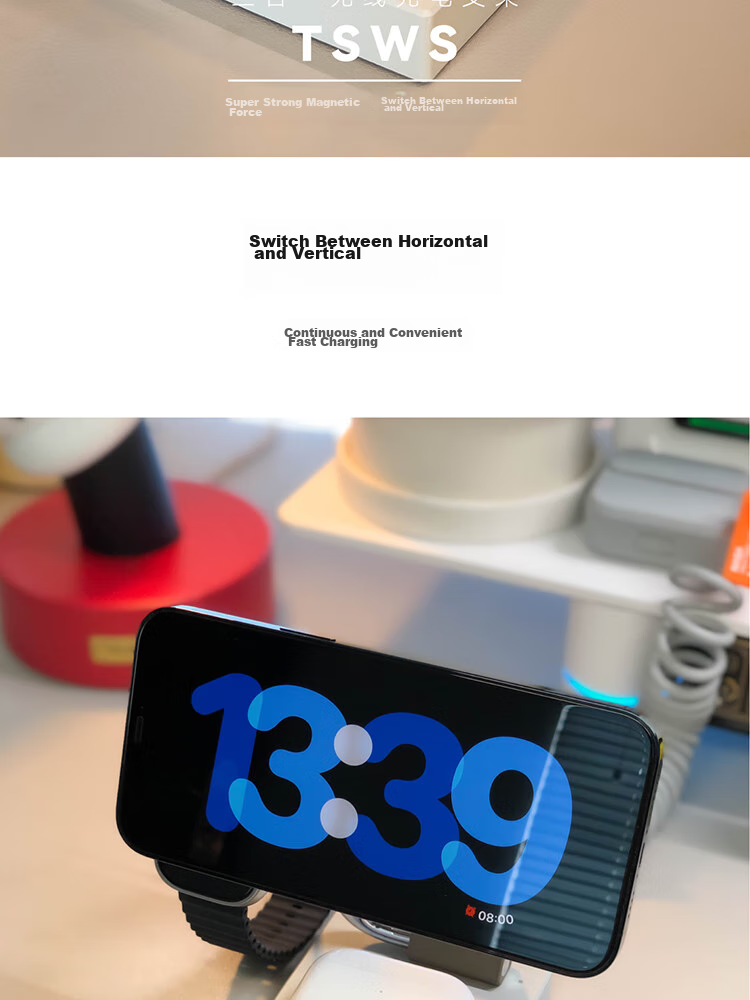 TEGIC TS-WS Black Three-In Wireless Charger, Wireless Charging Stand, Compatible with IPhone/Android Phones, Earphones, Smartwatches, Wireless Charging 2
