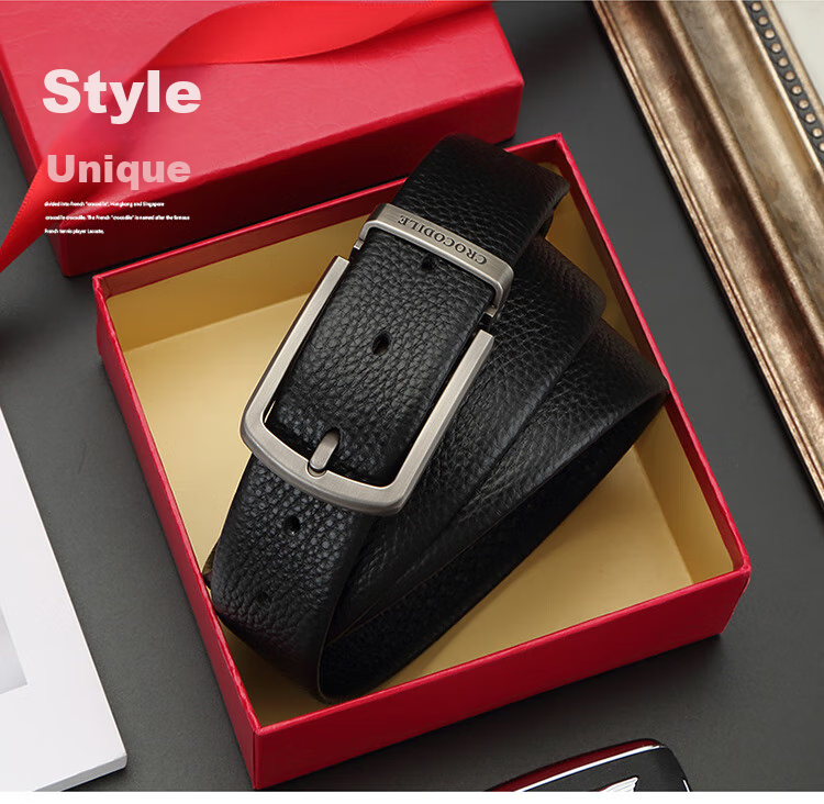 CROCODILE Versatile Youth Top-Grain Leather Casual Belt for Men with Pin Buckle, Birthday Gift ZT341 Black 2
