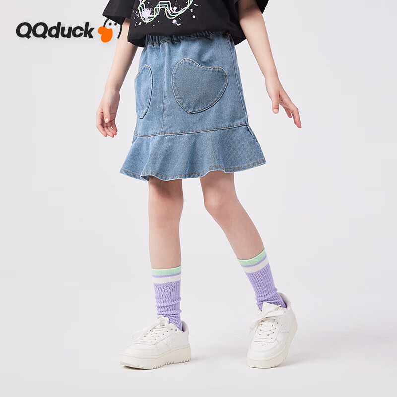 QQ DUCK Girls' Short Denim Skirt Summer Wear for Children And Teenagers, Heart Pattern Light Blue; Size 150