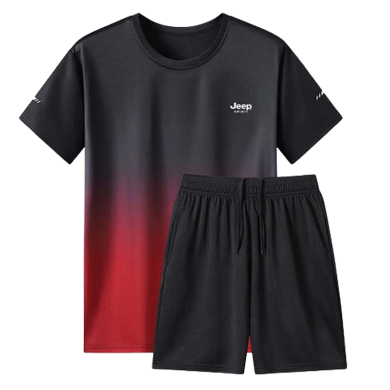 JEEP SPIRIT Men's Summer Set, T-Shirt And Shorts Two-Piece Suit, Casual Large Size Sportswear for Men, Black And Red, M