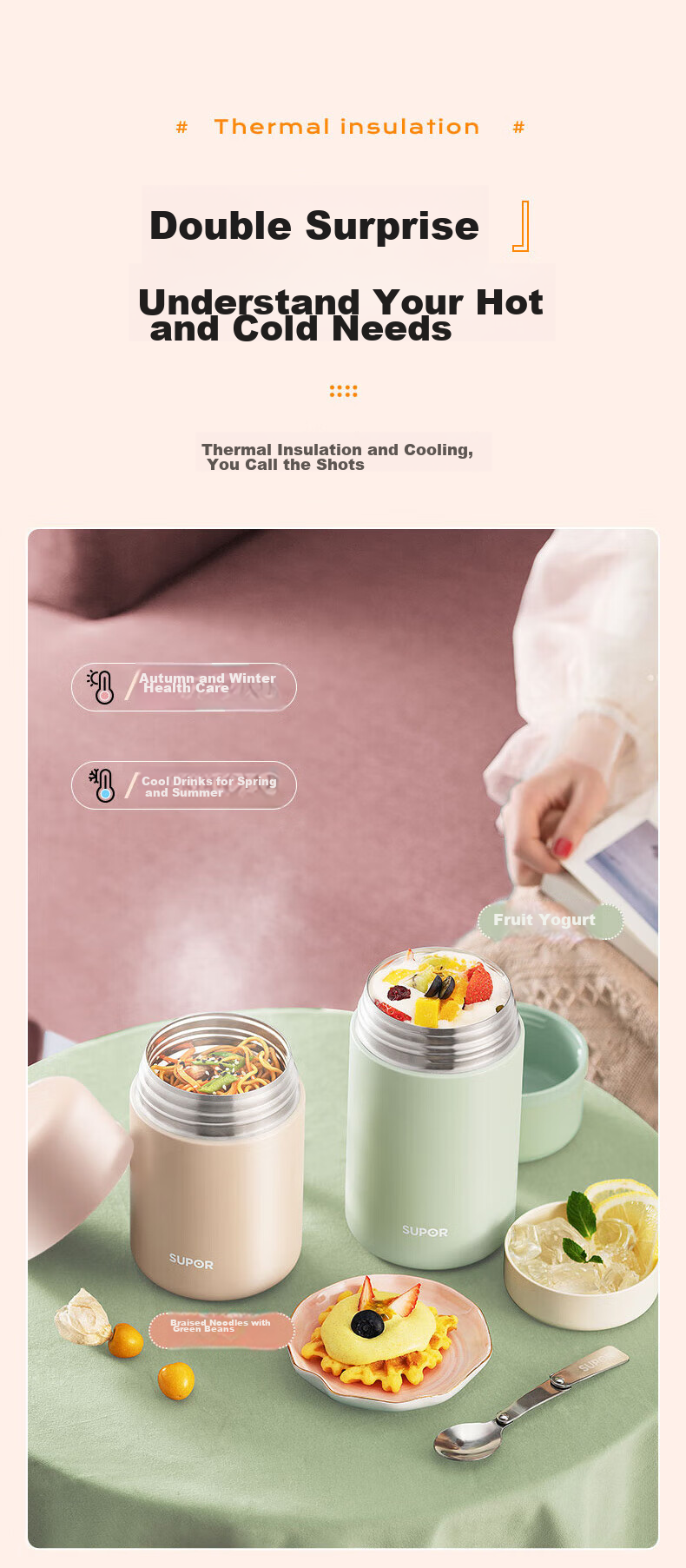 SUPOR Thermal Food Jar, 316L Stainless Steel Vacuum Insulated Pot, Vacuum Lunch Box for Men And Women, 800ML, Pink 8