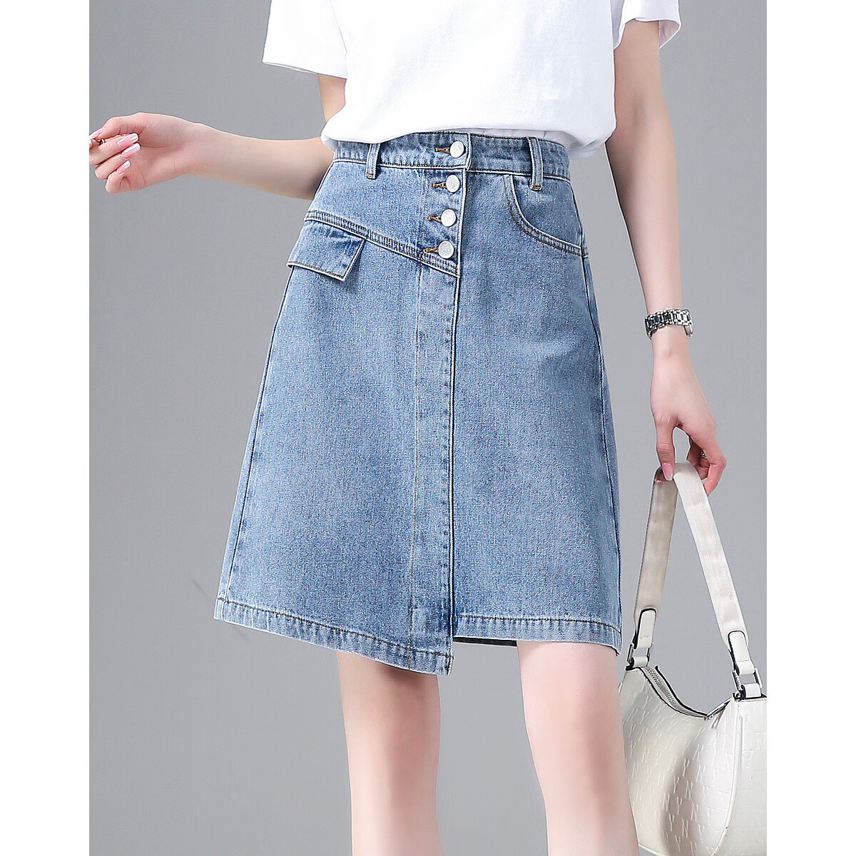 Dme [Irregular Cotton A-Line Skirt] Summer Washed Pocket Zipper Denim Midi Skirt for Women, Medium Denim Blue, L
