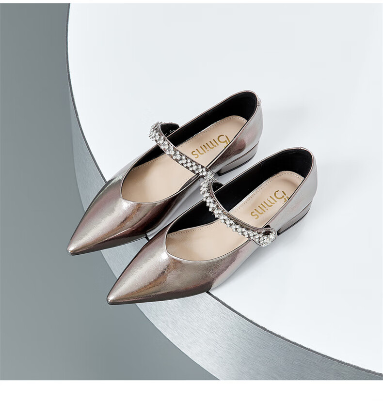 15MINS Pointed Toe Low-Cut Women's Pumps with Chunky Heel, Elegant Leather Shoes, French-Style Professional Work Shoes for Women, Silver, Size 35 13