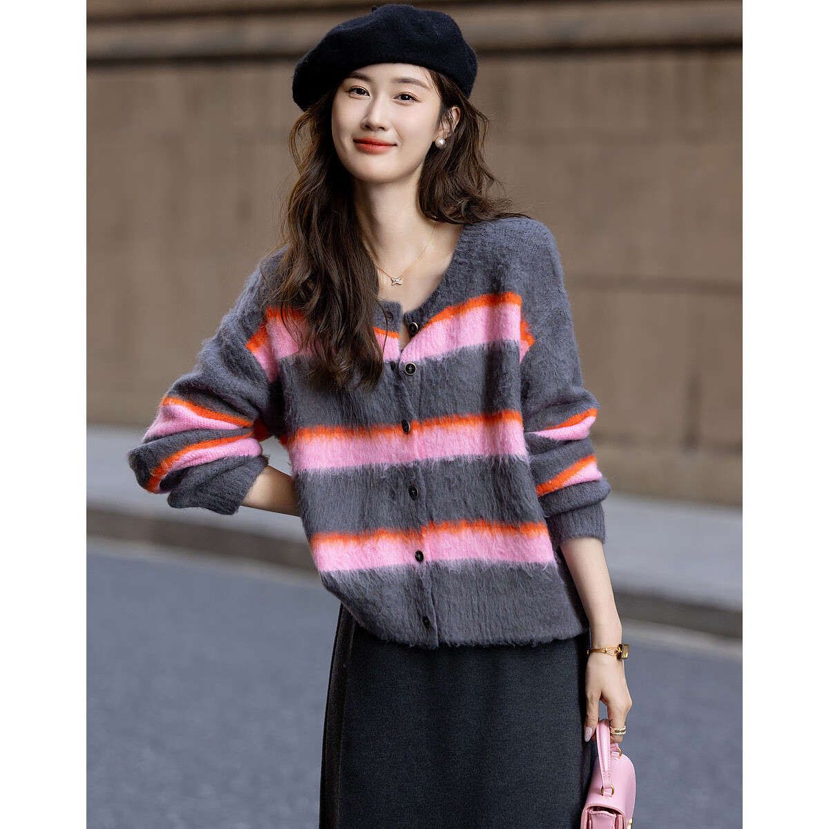Dme [Line Aesthetics] Spring And Autumn Lazy Dopamine Striped Cardigan, Contrasting Colors, Comfortable, Slimming Women's Jacket