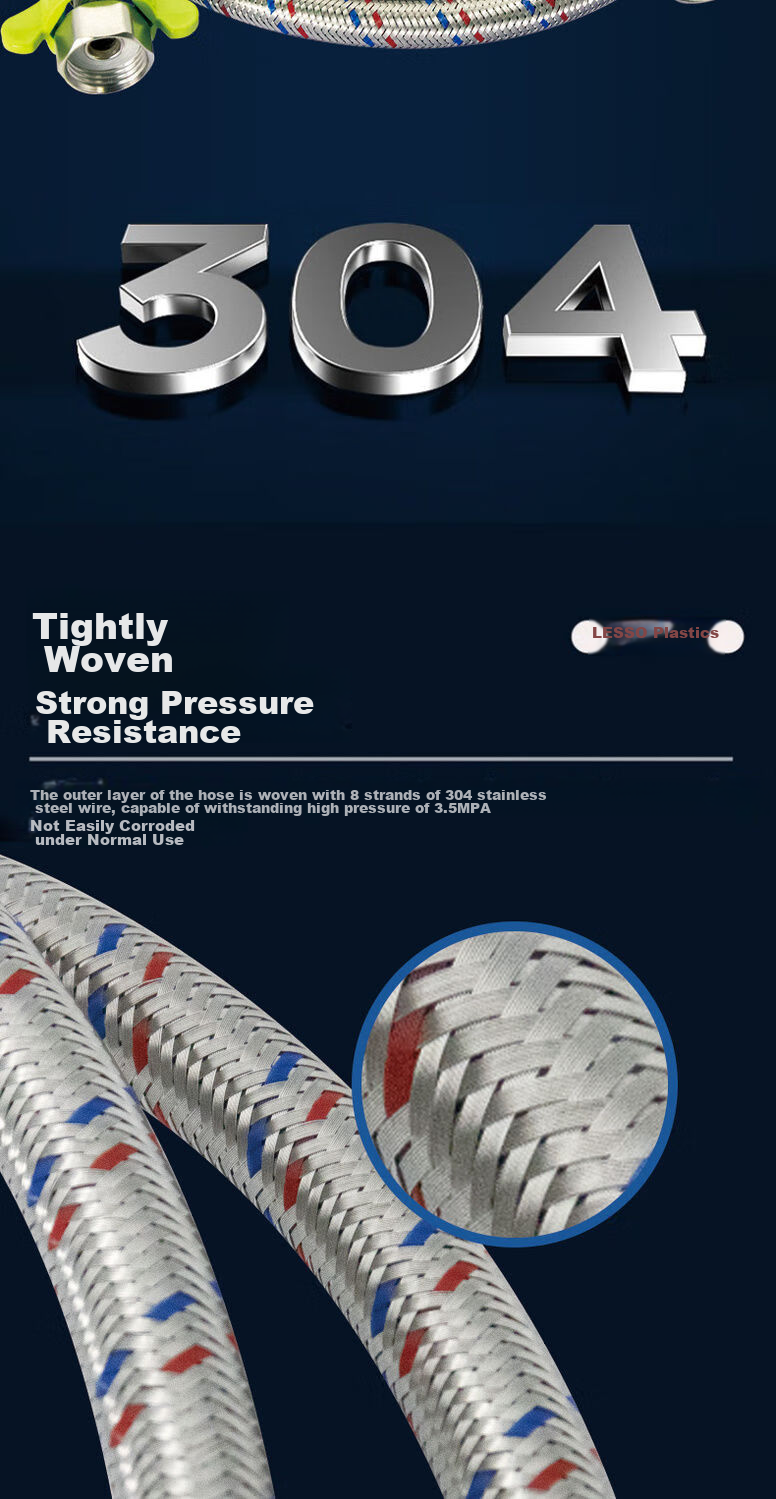 Liansu 4-Point Stainless Steel Braided Flexible Hose, Cold And Hot Water Compatible Metal Pipe for Water Heater, Toilet Tank Inlet Pipe, 50cm 5