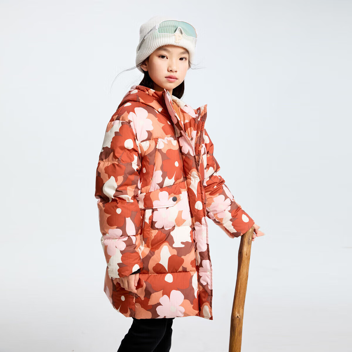 Annil Children's Clothing, Girls' Mid-Length down Jacket, 2024 Winter New Style, Brown Floral Pattern, Size 120