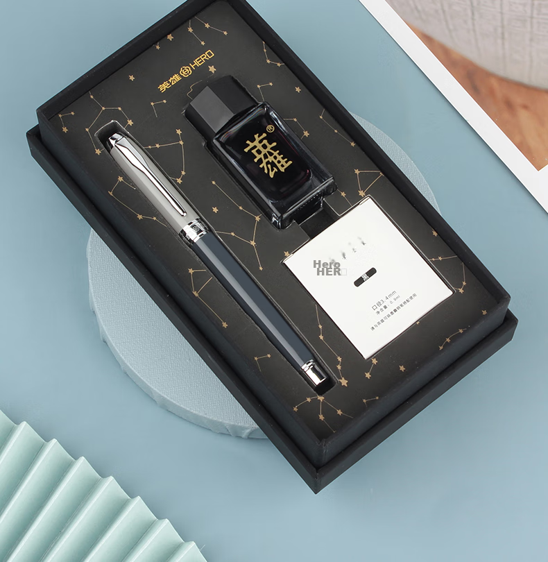 HERO Fountain Pen, Gift Box Morandi Contrasting Color Iridium Gold Fountain Pen, Business Office Neutral Signature Pen Ink Set, Twilight Green Glossy Finish 14