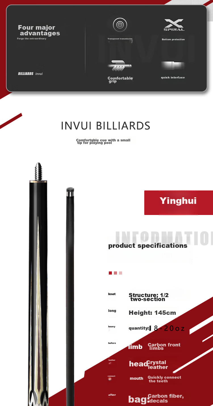INVUI Pool Cue Tip, Chinese Black 8 High-Tech Carbon Fiber Detachable Billiard Cue with Cue Case CR10 2
