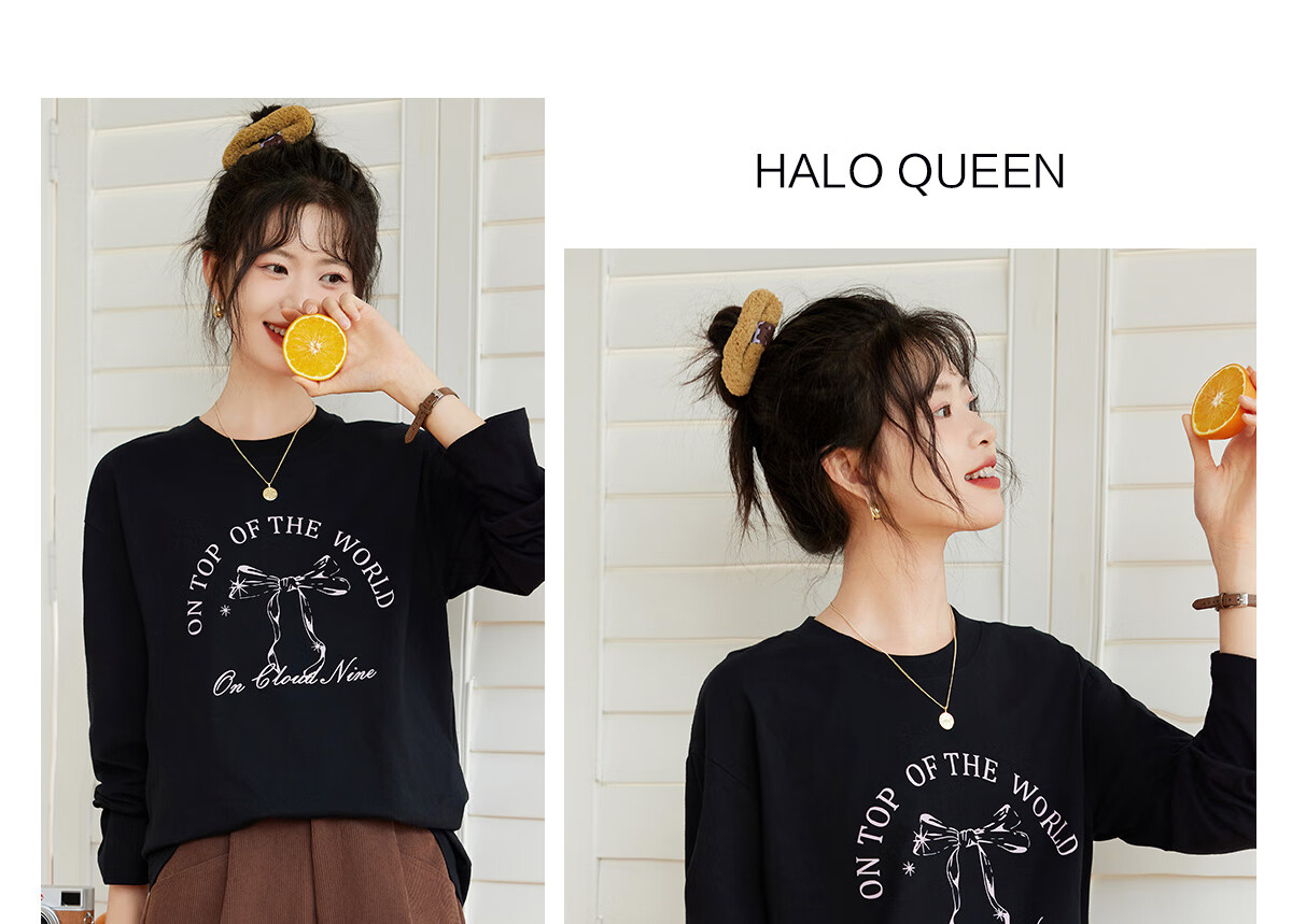 Halo Queen Women's Long Sleeve Cotton T-Shirt Spring Autumn Round Neck Letter Bow Print Casual Base Shirt New H143T2009 23