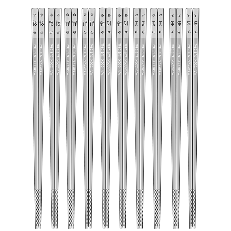 MAXCOOK 316L Stainless Steel Chopsticks, Set of 10 Pairs, Color-Coded Chopsticks for Family Use, Dishwasher Safe MCK3826