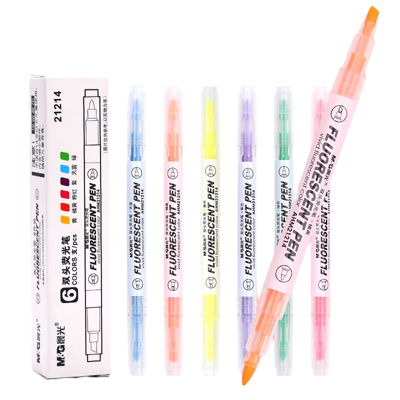 M&G Stationery, 6-Color Dual-Tip Single-Color Highlighters, Marking Pens for Students, Colored Thickened Highlight Pens, Elementary School Dual-Tip Homework Pens, Colored Pens, AHM21214