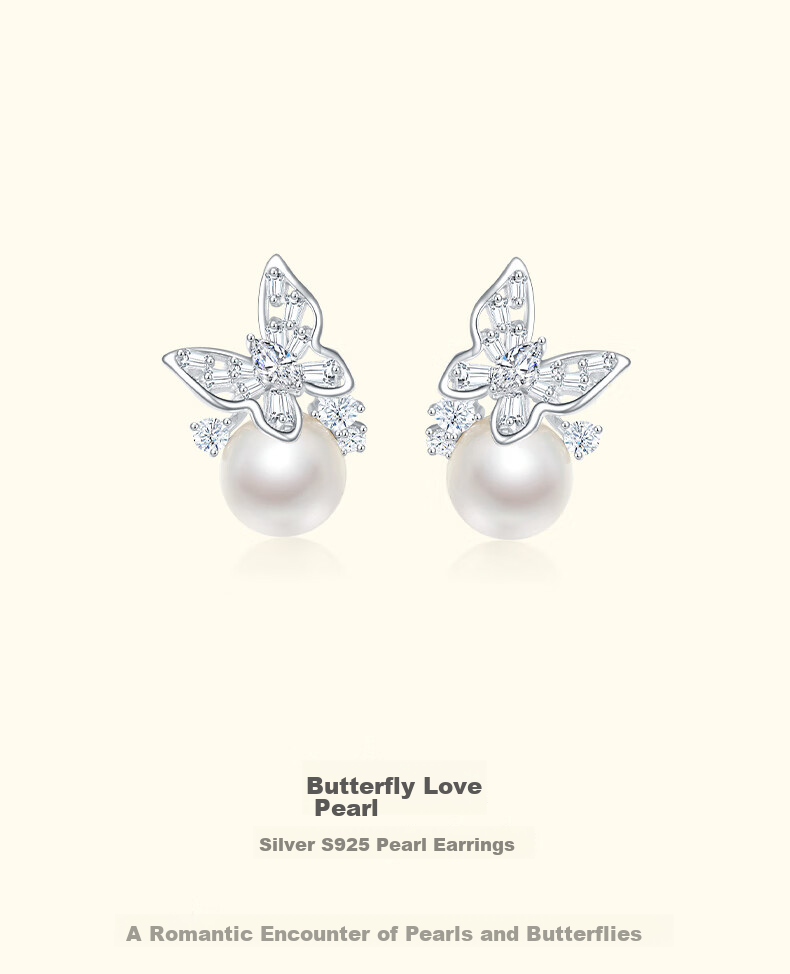 CHOW TAI SENG [Birthday Gift] Silver Pearl Stud Earrings for Women, Butterfly Fashion High-End Design Silver Earrings for Girlfriend 2