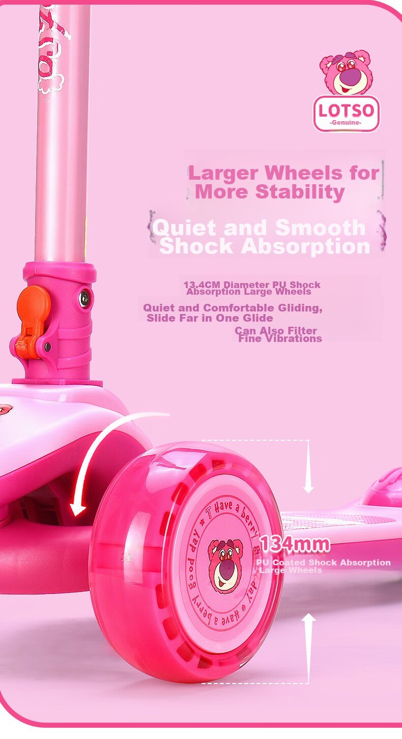 Disney Strawberry Bear Children's Scooter for Ages 3-12, Foldable Wide-Wheel Kick Scooter for Boys And Girls 5