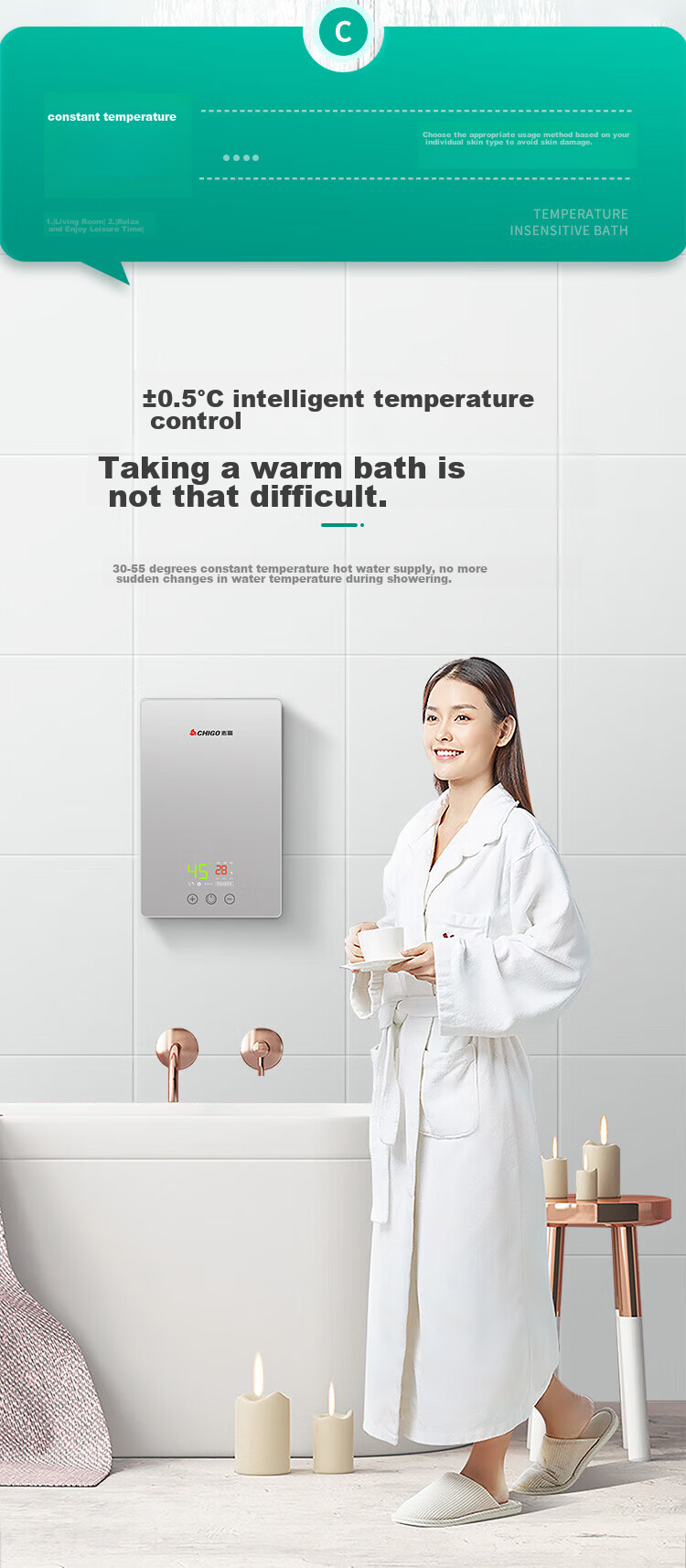 CHIGO Instant Electric Water Heater, 7500W Rapid Heating, Constant Temperature, Small Kitchen Treasure, Energy-Saving Household Integrated Shower, No Storage Water Required, Adjustable Power, ZG-KB732 6