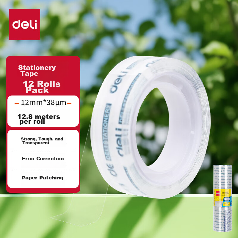 Deli Strong High Transparency Tape 12mm*14y High Adhesive Small Tape Back-To Essential School Supplies Error Correction Student Stationery 12 Rolls/tube Office Supplies JD770