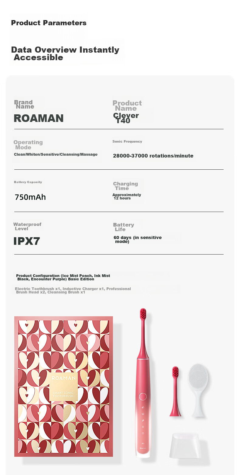 ROAMAN Electric Toothbrush, Recommended by Dentists for Deep Cleaning And Whitening, Gum Protection, Gift for Boyfriend/girlfriend, Birthday, Valentine's Day, Wedding, Engagement, T40 Little Heartbreaker, Matte Black 17