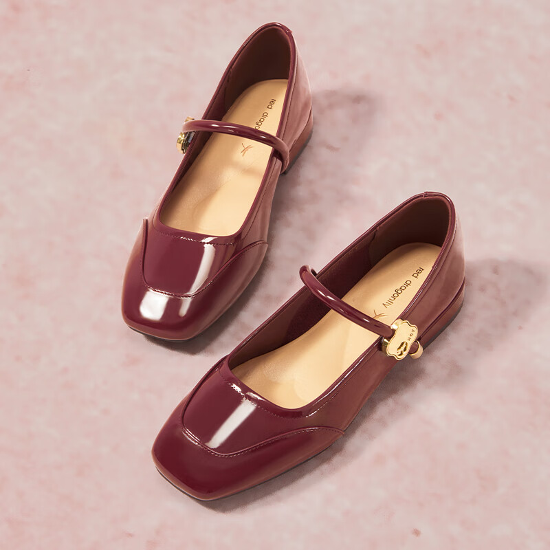 RED DRAGONFLY Retro Mary Jane Shoes, Spring And Summer Shallow Mouth Flat Heel Women's Shoes, French Square Toe Soft Sole Wedding Shoes for Women, WTB34373, Red, Size 40