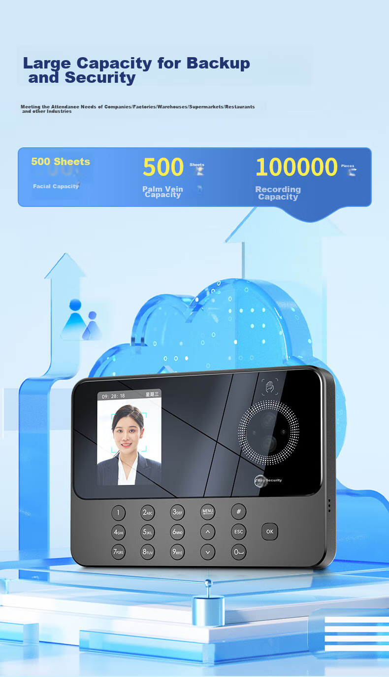 Kemi (Comet) Attendance Machine, Time Clock with Facial Recognition + Fingerprint And Palm Vein Identification, Bluetooth Connection, Mini-Program Management, Automatic Report Generation FZ03 13