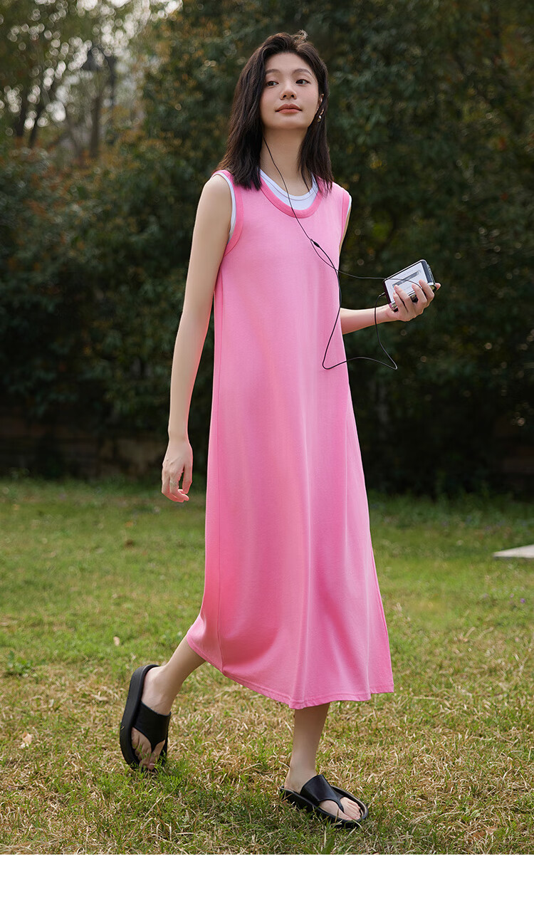 Dme Faux Two-Piece Powder White Contrast Color Long Dress, Round Neck, Sleeveless, Versatile Knitted Long Dress 8