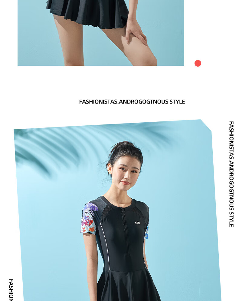Li-Ning One-Piece Swimsuit for Women, Dress-Style Slimming Swimwear, Comfortable Breathable Hot Spring Resort Swimwear 088 Black M 15