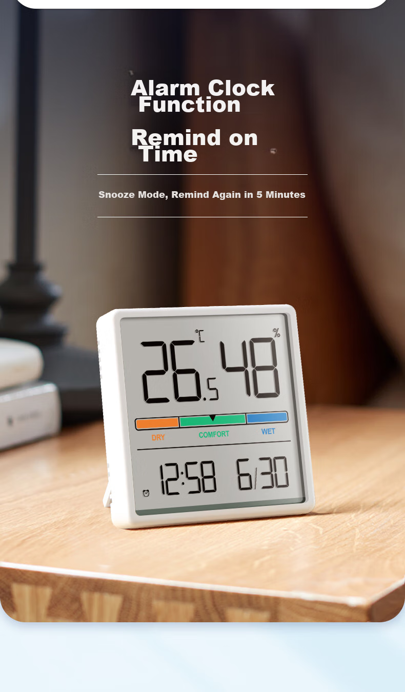 Mashi Color Screen Clock with Temperature And Humidity Meter, High Precision Indoor Thermometer for Home Use, Baby Room Magnetic Wall-Mounted Hygrometer, Black 16