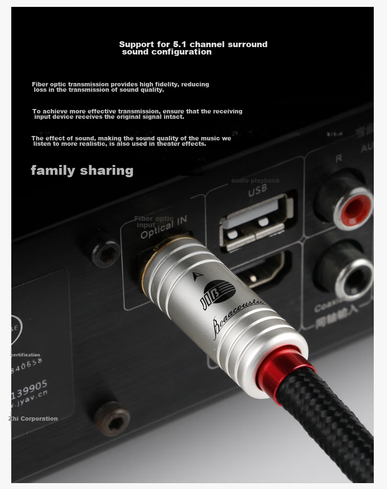 JIB Audiophile Digital Optical Fiber Audio Cable, Optical Square to Optical Square Connector, 5.1 TV DVD Amplifier Projector Speaker Home Theater Connection Cable BB-101 Meter 5
