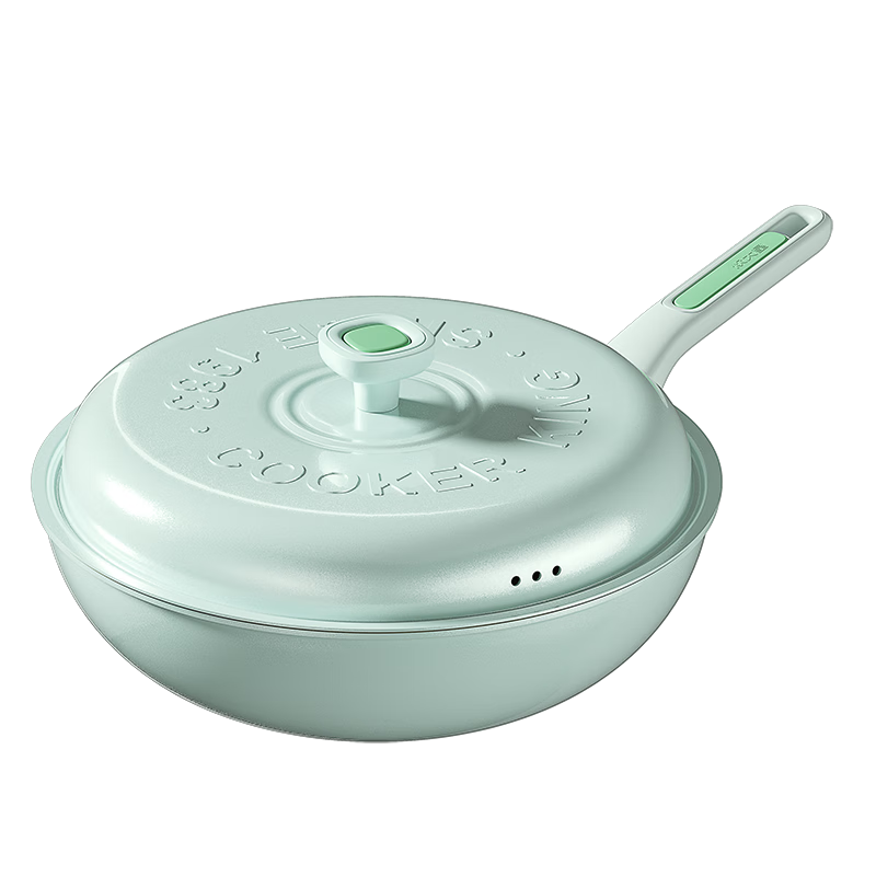 COOKER KING Non-Stick Wok, Easy-To Flat Bottom Multi-Purpose Stir-Fry Pan, 32cm Compatible with Induction Cookers, Glutinous Rice Green NM32CGL-PTK
