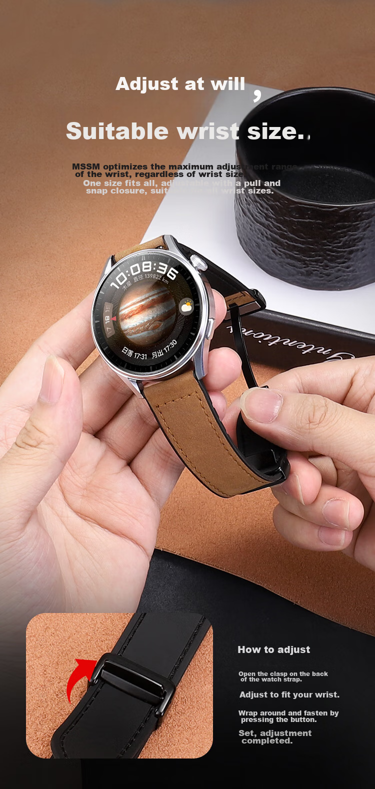 MSSM Compatible Huawei Watch Band, Crazy Horse Leather Silicone Magnetic Buckle for GT6/6Pro/5/Watch4Pro/GT3Pro/Honor Watch - Date Red 22mm 11