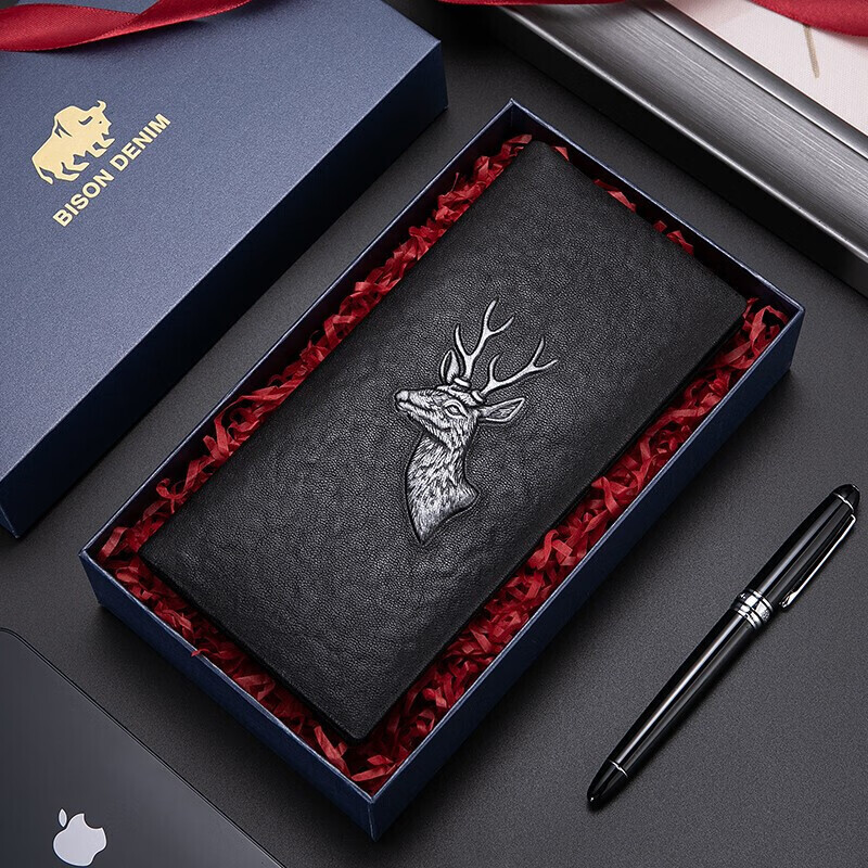 Meizhouyeniou Men's Long Wallet, Genuine Leather Business Casual Deer Head Logo Multifunctional Purse, Birthday Gift for Boyfriend