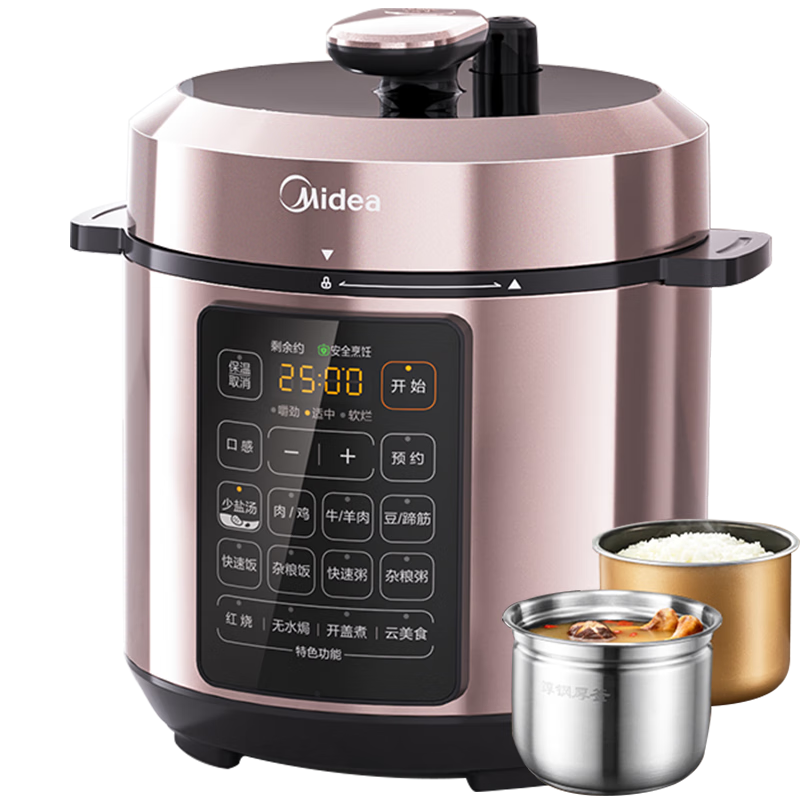 Midea Deep Soup Series Electric Pressure Cooker, 5L Household, Non-Coated Steel Pot, High-Pressure Cooker, Large Screen, Smart Reservation, Dual Inner Pot, Rice Cooker MY-E5924G, for 4-6 People