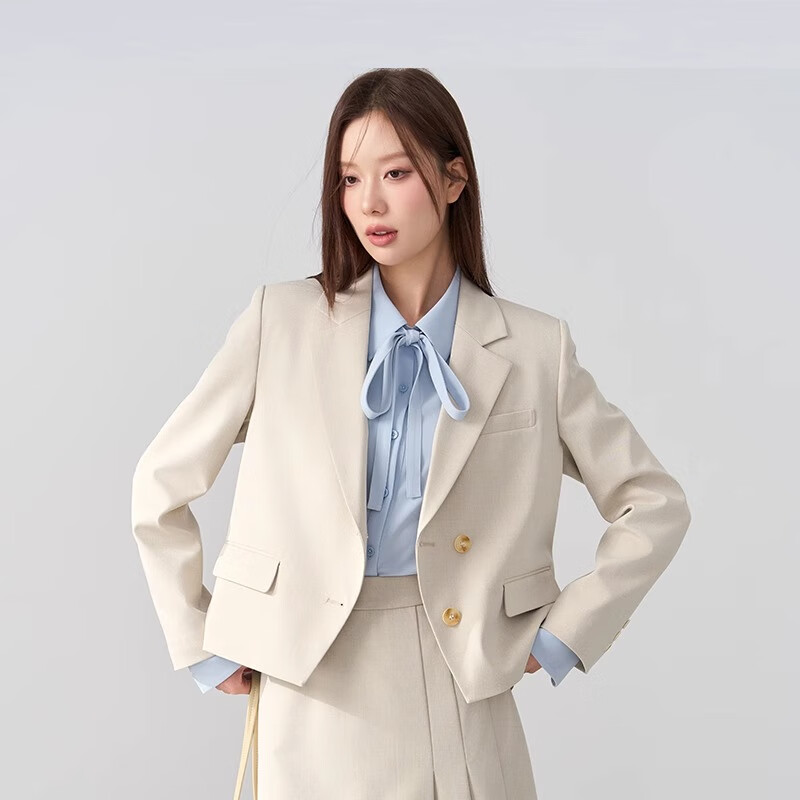 Bodexiaojie Beige Interview Suit Jacket for Women, Professional Commute Formal Wear, Lightweight Office Suit for Petite Figures