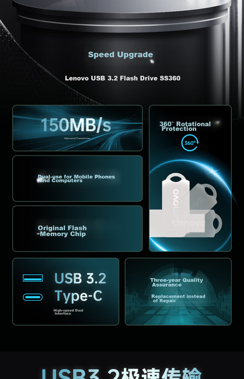 Lenovo 128GB Phone USB Flash Drive, Type-C USB3.2 Dual Interface Rotating Flash Drive, Durable Metal, Essential for Business Office Use, Y200 Series 2