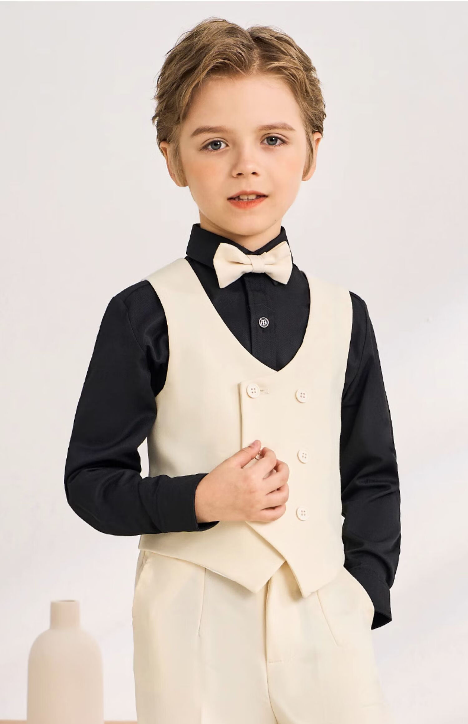 Luomeng Boys' Suit Set, Baby's First Birthday Formal Wear, Children's Wedding Flower Boy Outfit, Beige Vest Set, Size 80 3