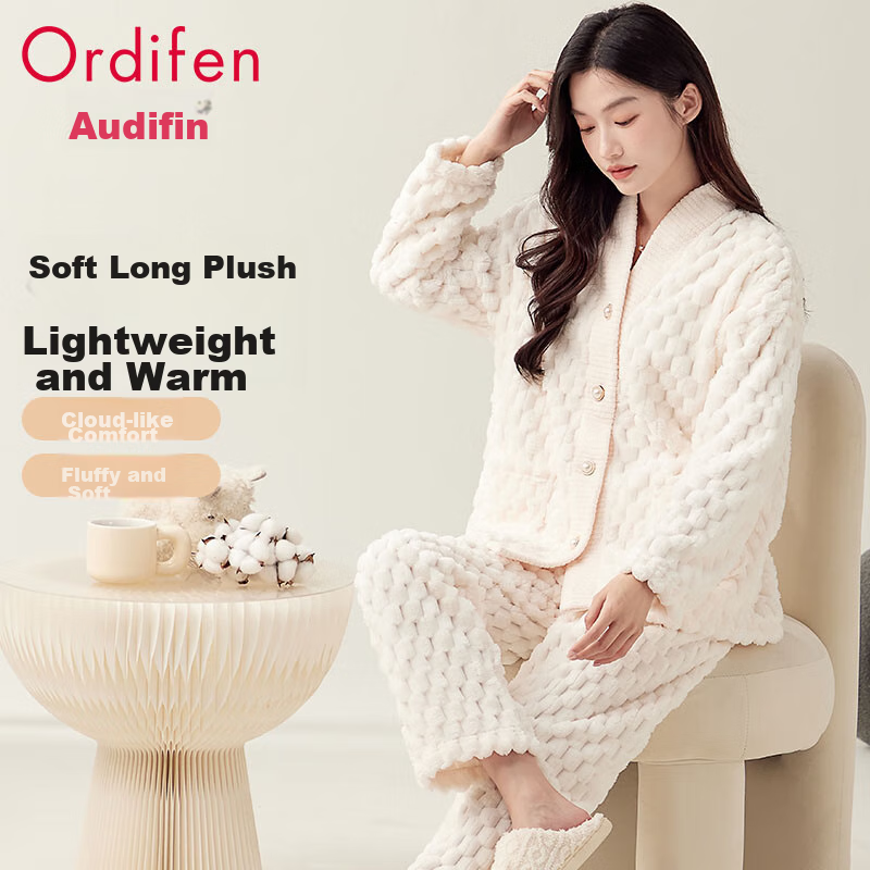 Комплект женской пижамы Ordifen, зимний, кардиган, толстый плюшевый, элегантный, абрикосовый, размер XL