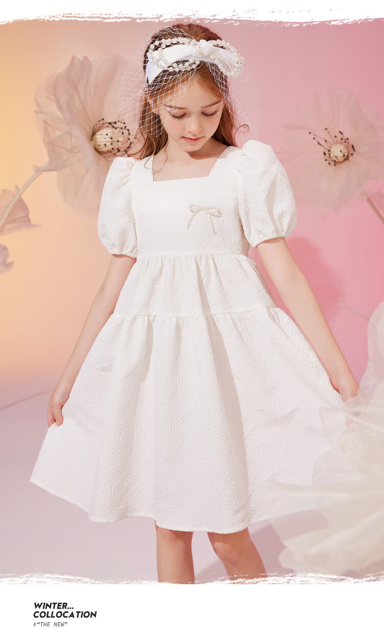 ASK JUNIOR Girls' Summer Dress with Puff Sleeves, Princess Style, Beach Vacation-Inspired White Dress 5