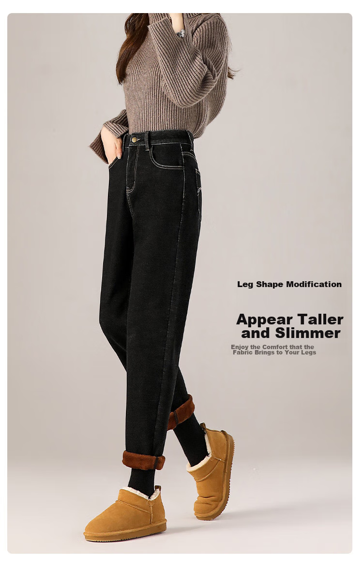 Dme [Extreme Cold Protection] Winter Fleece-Lined Thick Dad Pants, Loose-Fitting Slimming Denim Harem Pants for Women, Carbon Black, Size 31 17