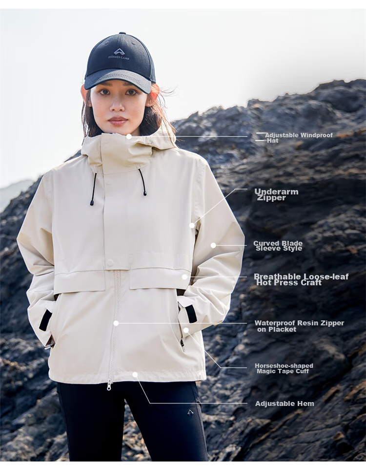 Pioneer Camp Breathable Windproof Waterproof Jacket for Women, Autumn Outdoor Breathable Windproof Waterproof Travel Hiking Coat, Light Apricot Color, XXL 9