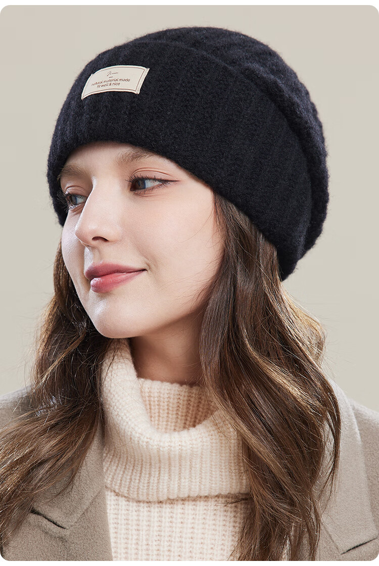 JIUMU Pure Wool Warm Knit Hat, Autumn And Winter Knitted Cap, Cold Hat, Winter Hat, Large Head Circumference Slouchy Hat, Cold-Proof Hat for Women in Winter 21