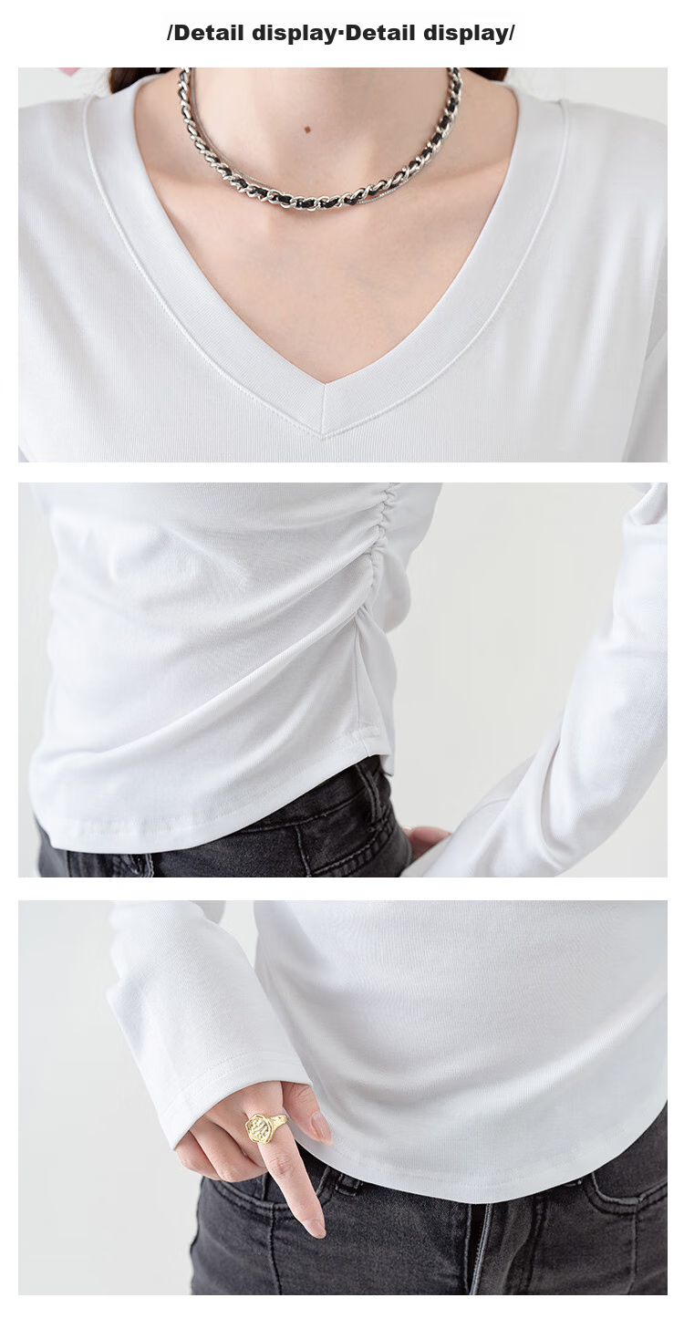 NOME Long-Sleeve T-Shirt for Women, Spring V-Neck Wrinkled Undershirt, Slim Fit Regular Shoulder Base Layer, Black, XL 10