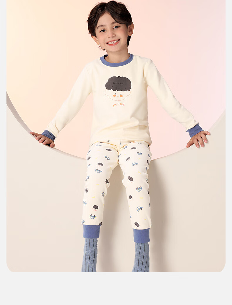 LangSha Kids Pure Cotton Pajama Set Autumn Thermal Underwear Long Sleeve Top and Pants for Boys and Girls, Student Cotton Knit Innerwear, Warm Crew Neck for Fall and Winter 16