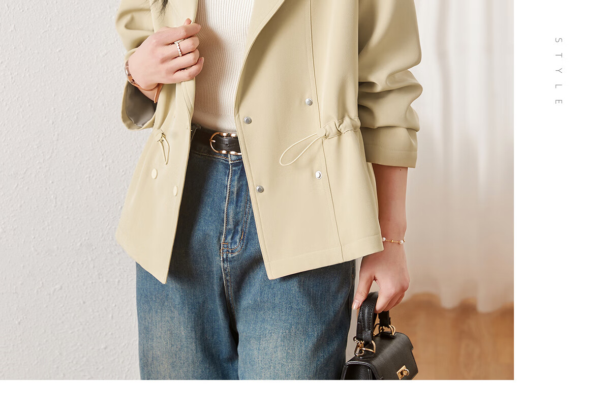Chushen Spring And Autumn Women's Short Jacket, Fashionable And Elegant Design with Lapel Collar, Waist-Cinching Drawstring, Short Trench Coat S61D164 15
