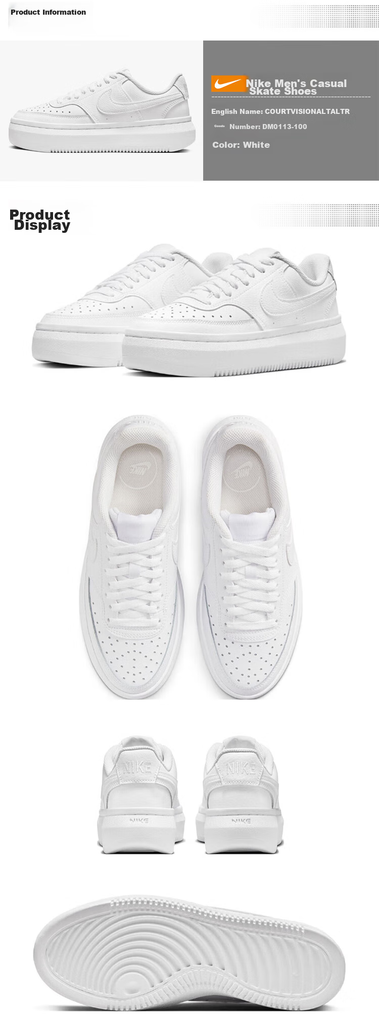 NIKE Women's Skateboarding Shoes, Trendy COURT VISION Sneakers, DM0113-100, White, Size 38.5 1