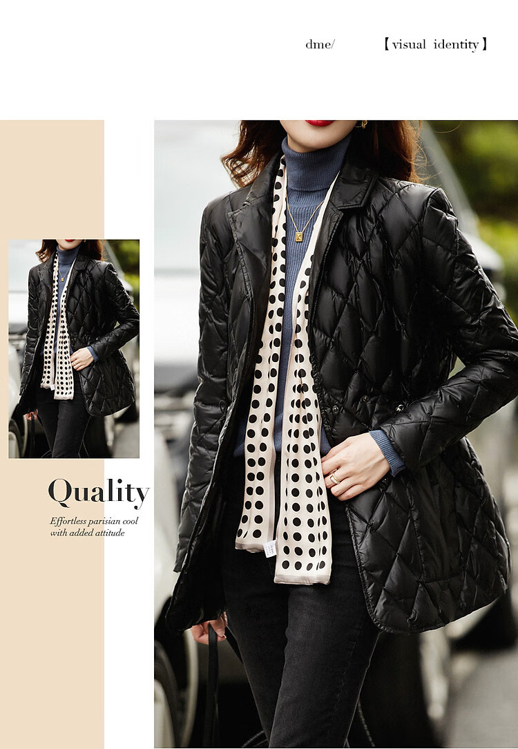 Dme Diamond Pattern Short down Jacket, Winter Commute Style, Lapel Collar, Drawstring Waist, Diamond Pattern Suit Style down Jacket for Women, Short Style 16